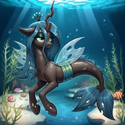 Size: 1024x1024 | Tagged: safe, ai content, derpibooru import, machine learning generated, prompter:thelight3d, stable diffusion, queen chrysalis, changeling, fish, seapony (g4), g4, bubble, coral, crepuscular rays, crown, cute, dorsal fin, female, fin, fin wings, fins, fish tail, flowing mane, flowing tail, generator:pony diffusion v6 xl, horn, image, jewelry, lidded eyes, ocean, png, regalia, scales, seaponified, seapony chrysalis, seaweed, slender, smiling, solo, species swap, sunlight, swimming, tail, thin, underwater, water, wings