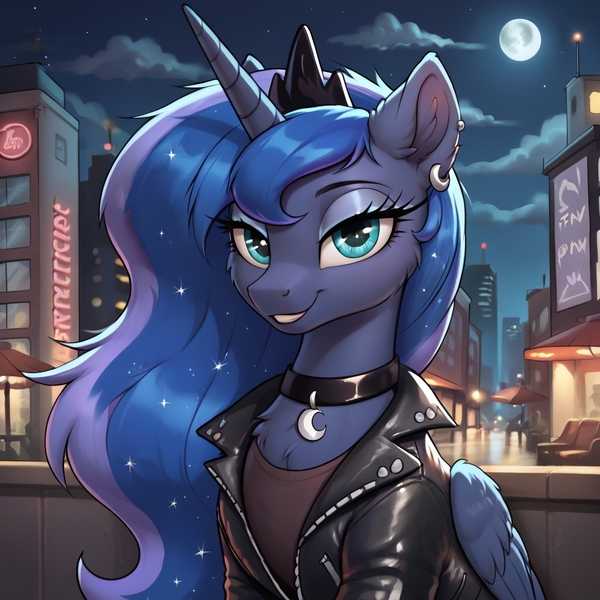 Size: 1024x1024 | Tagged: safe, ai content, derpibooru import, machine learning generated, prompter:thelight3d, stable diffusion, princess luna, alicorn, g4, chest fluff, choker, city, clothes, ear piercing, earring, generator:pony diffusion v6 xl, image, jacket, jewelry, jpeg, looking at you, piercing