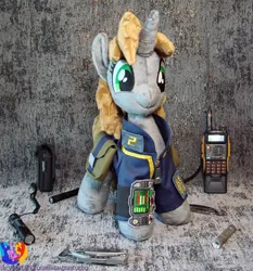 Size: 2065x2213 | Tagged: safe, artist:1stastrastudio, derpibooru import, oc, oc:littlepip, pony, fallout equestria, clothes, image, irl, jpeg, jumpsuit, lantern, photo, plushie, solo, switchblade, vault suit, walkie talkie