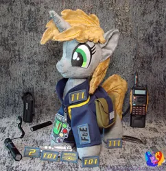 Size: 2232x2304 | Tagged: safe, artist:1stastrastudio, derpibooru import, oc, oc:littlepip, pony, fallout equestria, clothes, image, irl, jpeg, jumpsuit, lantern, photo, plushie, solo, switchblade, vault suit, walkie talkie