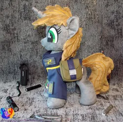 Size: 2126x2112 | Tagged: safe, artist:1stastrastudio, derpibooru import, oc, oc:littlepip, unofficial characters only, pony, fallout equestria, bag, clothes, flashlight (object), image, irl, jpeg, jumpsuit, lantern, photo, plushie, saddle bag, solo, switchblade, vault suit, walkie talkie