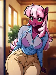 Size: 1840x2456 | Tagged: suggestive, ai content, derpibooru import, machine learning generated, prompter:bendy and boney, stable diffusion, cheerilee, anthro, earth pony, g4, blouse, blushing, bra, clothes, eyebrows, eyebrows visible through hair, female, generator:pony diffusion v6 xl, happy, image, indoors, leaning, looking at you, pants, png, see-through, smiling, smiling at you, solo, underwear, wide hips, window