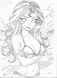 Size: 2550x3507 | Tagged: suggestive, artist:naughty_ranko, derpibooru import, sunset shimmer, human, equestria girls, g4, beach, bikini, breasts, cleavage, clothes, female, image, jpeg, monochrome, pencil drawing, pinup, solo, solo female, swimsuit, traditional art