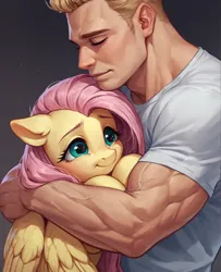 Size: 1040x1280 | Tagged: prompter needed, safe, ai content, derpibooru import, machine learning generated, fluttershy, oc, oc:anon, human, pegasus, pony, clothes, cute, duo, duo male and female, ear fluff, eyes closed, female, gradient background, holding a pony, hug, hugging a pony, human male, human on pony snuggling, image, male, mare, muscles, muscular male, png, shirt, shyabetes, smiling, snuggling, t-shirt, white shirt, white t-shirt