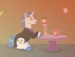 Size: 4624x3468 | Tagged: safe, artist:fancytreats, derpibooru import, fancypants, flam, snips, unicorn, g4, annoyed, cup, disgruntled, filter, food, glow, glowing horn, gradient background, hooves on the table, horn, image, implied flam, png, rule 63, sitting, sugar, sugar pot, table, tea, teacup, teapot, unicorn horn