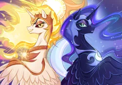 Size: 2360x1640 | Tagged: safe, artist:wood sheep, derpibooru import, daybreaker, nightmare moon, alicorn, pony, g4, armor, aside glance, blue eyes, blue mane, bust, colored pupils, digital art, duo, duo female, ethereal mane, evil sisters, eyebrows, eyelashes, eyeshadow, feather, female, flowing mane, glow, helmet, horn, image, lidded eyes, looking at you, makeup, mane of fire, mare, open mouth, open smile, peytral, png, portrait, raised eyebrow, siblings, sideways glance, sisters, smiling, smiling at you, sparkles, spread wings, starry mane, stars, sternocleidomastoid, wing armor, wings, yellow eyes