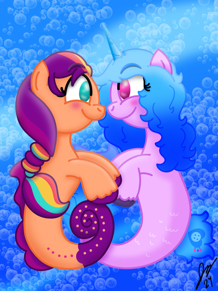 Size: 1620x2160 | Tagged: safe, artist:jesslmc16, derpibooru import, idw, izzy moonbow, sunny starscout, earth pony, pony, sea pony, seahorse, seapony (g4), unicorn, g5, blushing, bubble, dorsal fin, duo, duo female, female, fin, fish tail, floating, flowing mane, flowing tail, horn, image, lesbian, looking at each other, looking at someone, mane stripe sunny, my little pony: set your sail, ocean, png, scales, seaponified, seapony izzy moonbow, seapony sunny starscout, ship:moonscout, shipping, signature, smiling, smiling at each other, species swap, swimming, tail, underwater, unshorn fetlocks, water