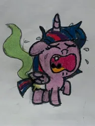 Size: 3024x4032 | Tagged: safe, artist:trini-mite, derpibooru import, twilight sparkle, twilight sparkle (alicorn), alicorn, pony, baby, babylight sparkle, crying, diaper, dirty diaper, foal, image, jpeg, solo, traditional art, visible stench, younger