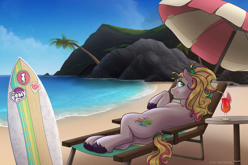 Size: 1600x1067 | Tagged: safe, artist:acry-artwork, derpibooru import, oc, oc:radical bay, unofficial characters only, earth pony, pony, beach, earth pony oc, image, jpeg, my little pony logo, solo, surfboard