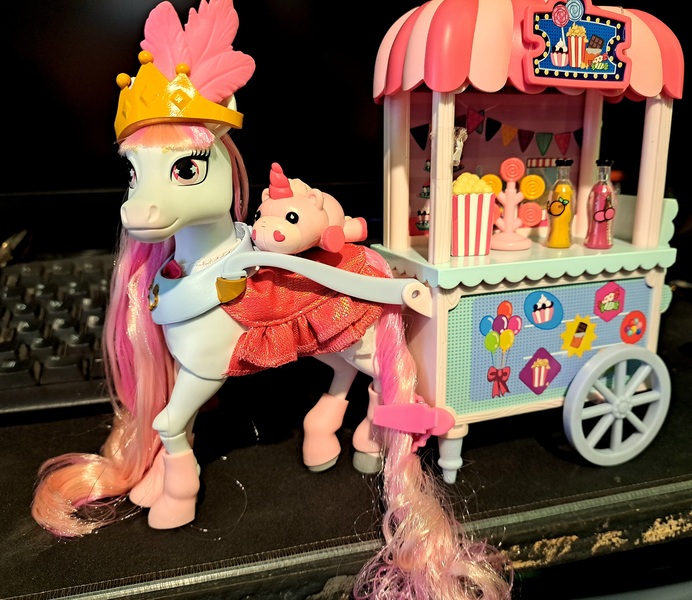 Size: 3997x3468 | Tagged: safe, derpibooru import, horse, pony, barely pony related, brushable, brushie, candi (wild manes), candy, cart, cherry juice, crown, female, food, image, irl, jewelry, jpeg, juice, lollipop, mare, orange juice, photo, popcorn, regalia, toy, wild manes