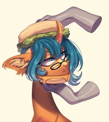 Size: 3110x3481 | Tagged: safe, artist:meggychocolatka, derpibooru import, blue eyes, blue hair, burger, food, glasses, horn, image, lettuce, meat, orange body, paws, png