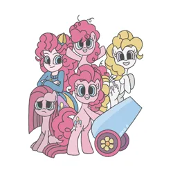 Size: 1080x1080 | Tagged: safe, artist:frausekiya, derpibooru import, pinkie pie, surprise, earth pony, pegasus, pony, equestria girls, g1, g4, female, filly, filly pinkie pie, foal, frown, grin, image, mare, multeity, party cannon, pinkamena diane pie, png, self paradox, self ponidox, simple background, smiling, too much pink energy is dangerous, white background, younger