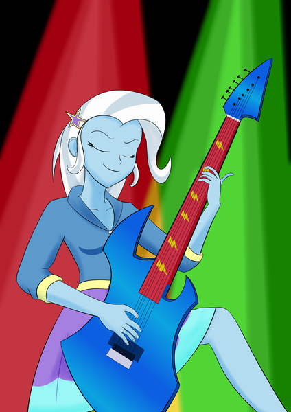 Size: 4961x7016 | Tagged: safe, artist:пшеница, derpibooru import, trixie, human, equestria girls, g4, derpibooru exclusive, electric guitar, eyes closed, female, guitar, image, musical instrument, my little pony equestria girls: rainbow rocks, playing instrument, png, rainbow rocks 10th anniversary, solo, stage light