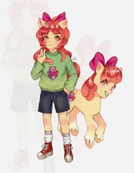 Size: 1400x1800 | Tagged: safe, artist:willyjoy, derpibooru import, apple bloom, earth pony, human, pony, equestria girls, g4, clothes, eared humanization, female, filly, foal, grin, human ponidox, humanized, image, jpeg, self paradox, self ponidox, shoes, shorts, smiling, socks, sweater, unshorn fetlocks, zoom layer