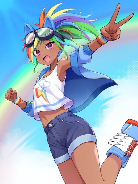 Size: 2250x3000 | Tagged: safe, artist:ohuonn89, derpibooru import, kotobukiya, rainbow dash, human, clothes, cute, dark skin, goggles, humanized, image, jacket, jpeg, kotobukiya rainbow dash, peace sign, rainbow, shirt, shorts