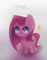 Size: 2000x2550 | Tagged: safe, artist:miryelis, derpibooru import, pinkie pie, earth pony, pony, chibi, cute, gray background, image, pinkamena diane pie, png, simple background, smiling, smol, solo, sparkles, text