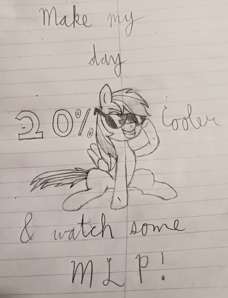 Size: 2540x3314 | Tagged: safe, artist:sewaddle36, derpibooru import, rainbow dash, pegasus, pony, 20% cooler, derpibooru exclusive, female, image, jpeg, lined paper, note, pencil drawing, sitting, smiling, solo, sunglasses, traditional art