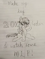 Size: 2540x3314 | Tagged: safe, artist:sewaddle36, derpibooru import, rainbow dash, pegasus, pony, 20% cooler, derpibooru exclusive, female, image, jpeg, lined paper, note, pencil drawing, sitting, smiling, solo, sunglasses, traditional art