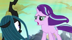 Size: 1280x720 | Tagged: safe, artist:14oliverhedgehog, derpibooru import, edit, edited screencap, screencap, queen chrysalis, starlight glimmer, changeling, changeling queen, pony, unicorn, g4, to where and back again, alternate ending, alternate scenario, body swap, duo, female, horn, image, looking at each other, looking at someone, mare, open mouth, png, sad