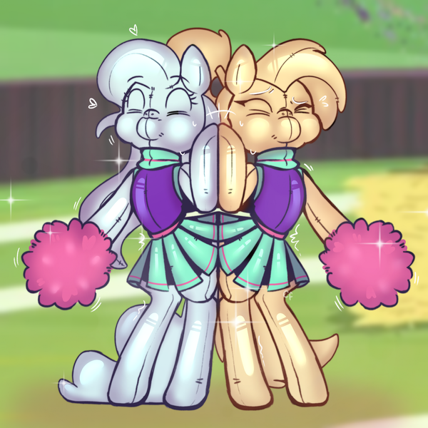 Size: 1919x1919 | Tagged: questionable, artist:chocock, pony, ballgag, blindfold, bondage, cheerleader, cheerleader outfit, clothes, duo, encasement, female, gag, image, latex, latex clothes, latex dress, latex suit, latex under clothes, mare, png, rearing, sensory deprivation