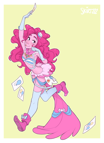 Size: 762x1048 | Tagged: dead source, safe, alternate version, artist:skirtzzz, derpibooru import, part of a set, pinkie pie, equestria girls, g4, armpits, bandeau, boots, breasts, card, clothes, crossover, delicious flat chest, dignified wear, dress, dressphere, evening gloves, female, final fantasy, final fantasy x-2, gala dress, gloves, image, long gloves, midriff, miniskirt, png, pony coloring, shoes, skirt, socks, solo, thigh highs, tongue out