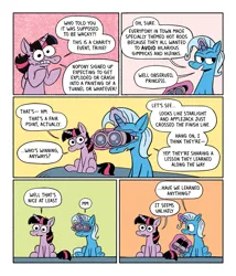 Size: 1097x1280 | Tagged: safe, artist:horsewizardart, derpibooru import, part of a set, trixie, twilight sparkle, twilight sparkle (alicorn), alicorn, pony, unicorn, g4, argument, binoculars, blue coat, blue mane, blue tail, cart, colored, comic, dialogue, duo, duo female, eyelashes, female, flat colors, folded wings, frown, glow, glowing horn, horn, image, implied applejack, implied starlight glimmer, looking at someone, magic, mare, messy mane, no catchlights, open frown, open mouth, pink magic, png, purple coat, raised hoof, raised hooves, screentone, sitting, speech bubble, squint, straight mane, straight tail, tail, talking, telekinesis, text, trixie being trixie, trixie's wagon, twilight sparkle is not amused, two toned mane, two toned tail, unamused, wagon, wall of tags, wings, yelling