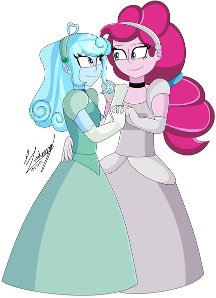 Size: 1280x1766 | Tagged: safe, artist:denisseguadiana, derpibooru import, pinkie pie, oc, oc:jemimasparkle, human, equestria girls, g4, canon x oc, choker, cinderella, clothes, cute, dancing together, diapinkes, dress, duo, evening gloves, female, gloves, gown, hairband, holding hands, image, jpeg, lesbian, long gloves, looking at each other, looking at someone, ocbetes, poofy shoulders, smiling, smiling at each other, waltz