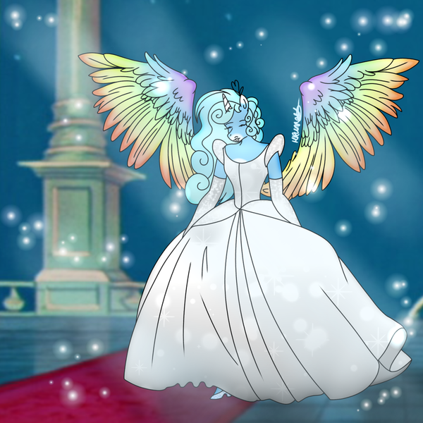 Size: 1280x1280 | Tagged: safe, artist:xoxastraart, derpibooru import, oc, oc:jemimasparkle, unofficial characters only, anthro, carpet, cinderella, clothes, cute, dress, evening gloves, eyes closed, female, glass slipper (footwear), gloves, gown, grin, image, long gloves, ocbetes, png, poofy shoulders, red carpet, smiling, solo, sparkles, spread wings, wings