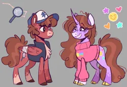 Size: 999x686 | Tagged: safe, artist:wanderingpegasus, derpibooru import, ponified, pegasus, pony, unicorn, birthmark, braces, brother and sister, brown coat, brown fur, brown hair, brown mane, brown tail, cap, chest fluff, clothes, cute, dipper pines, duo, female, gravity falls, hat, horn, image, mabel pines, male, png, purple coat, purple fur, siblings, sweater, tail