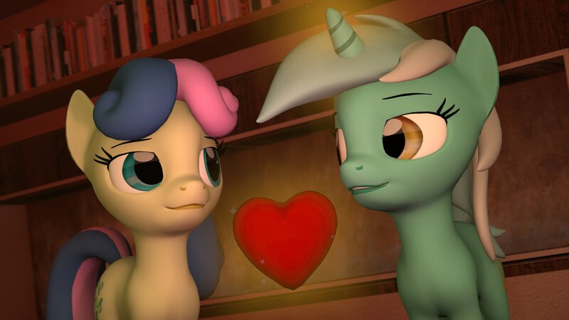 Size: 1920x1080 | Tagged: safe, artist:midnightdanny, ponerpics import, bon bon, lyra heartstrings, sweetie drops, pony, 3d, female, heart, image, jpeg, looking at each other, mare