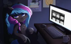 Size: 2600x1600 | Tagged: safe, artist:alunedoodle, derpibooru import, oc, oc:obabscribbler, unofficial characters only, earth pony, pony, annoyed, computer mouse, cup, female, image, keyboard, looking at you, pc, png, sitting, solo, two toned mane