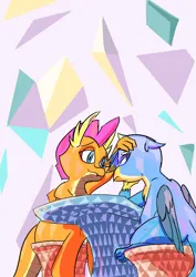 Size: 2150x3035 | Tagged: safe, artist:skunkstripe, derpibooru import, gallus, smolder, dragon, gryphon, fanfic, g4, comforting, duo, fanfic art, fanfic cover, female, image, male, png, sitting