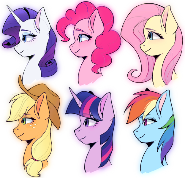 Size: 1471x1417 | Tagged: safe, artist:xiaowu07, derpibooru import, applejack, fluttershy, pinkie pie, rainbow dash, rarity, twilight sparkle, earth pony, pegasus, pony, unicorn, g4, bust, horn, image, mane six, png, portrait, profile, simple background, white background