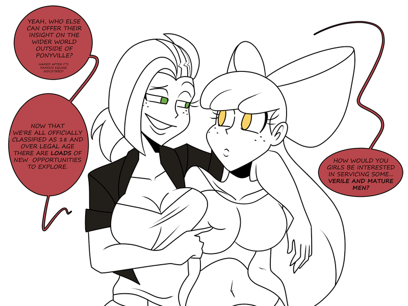 Size: 1800x1350 | Tagged: suggestive, artist:chillguydraws, artist:thicc-verse, derpibooru import, apple bloom, babs seed, human, big breasts, black and white, breasts, busty apple bloom, busty babs seed, cousin incest, cousins, dialogue, duo, duo female, female, females only, grayscale, grin, humanized, image, incest, monochrome, nudity, partial color, png, smiling, speech bubble, vulva