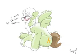 Size: 2293x1607 | Tagged: safe, artist:foxxy-arts, derpibooru import, oc, oc:saga, human, inflatable pony, pegasus, pony, pooltoy pony, air nozzle, blushing, choker, dialogue, female, glasses, human to pony, image, inanimate tf, inflatable, inflation, looking at self, looking back, mare, onomatopoeia, open mouth, png, ponysona, signature, simple background, solo, spiked choker, sweat, sweatdrops, transformation, white background