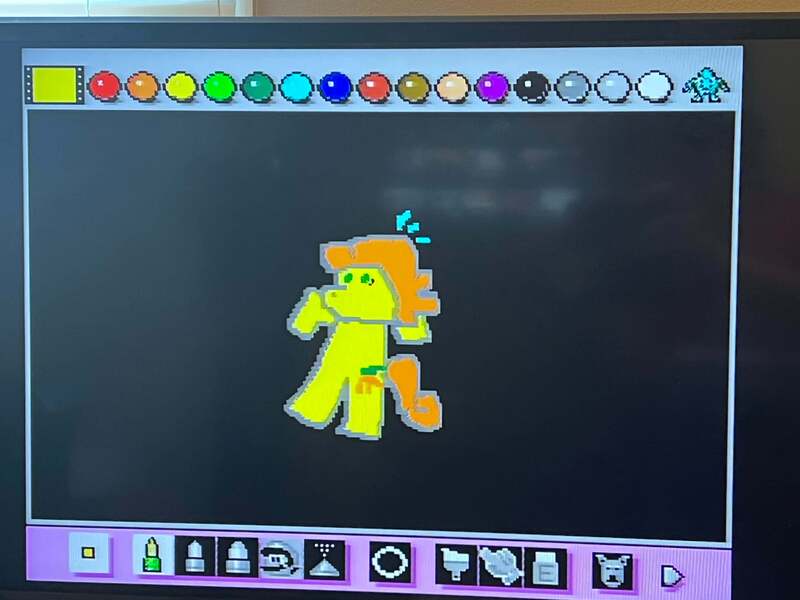 Size: 4032x3024 | Tagged: safe, artist:44nifty, derpibooru import, carrot top, golden harvest, earth pony, pony, black background, digital art, floating, image, jpeg, mario, mario paint, photo, picture of a screen, pixel art, simple background, solo, space, super mario bros., super nintendo, sweat, sweatdrops, undo dog