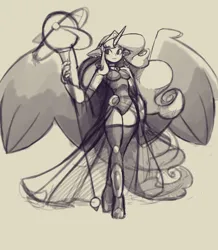 Size: 2598x2975 | Tagged: safe, artist:shadowhawx, derpibooru import, princess luna, human, g4, beige background, breasts, busty princess luna, elf ears, female, grayscale, high res, horn, horned humanization, humanized, image, large wings, monochrome, partially open wings, png, simple background, sketch, staff, winged humanization, wings