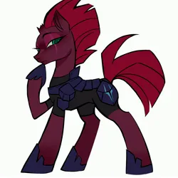 Size: 4096x4096 | Tagged: safe, artist:qianjibahe, derpibooru import, tempest shadow, unicorn, armor, broken horn, horn, image, jpeg, looking sideways, raised hoof, scar, solo