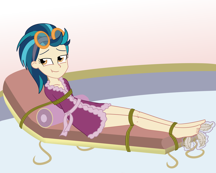 Size: 2500x2000 | Tagged: safe, artist:nie-martw-sie-o-mnie, derpibooru import, part of a set, indigo zap, human, equestria girls, g4, bathrobe, bondage, clothes, feather, feet, female, foot tickling, goggles, goggles on head, image, indigosub, png, robe, rope, rope bondage, solo, spa, tickling, tied down