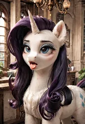 Size: 2496x3648 | Tagged: suggestive, ai content, derpibooru import, machine learning generated, prompter:agzhathoth, rarity, pony, ahegao, cutie mark, fancy, horn, image, indoors, jpeg, open mouth, realistic, tongue out