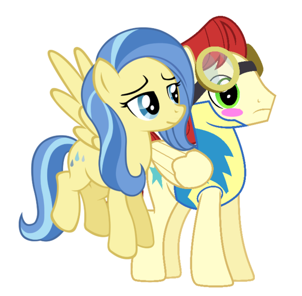 Size: 742x725 | Tagged: safe, derpibooru import, edit, vector edit, sunshower, pegasus, pony, blushing, clothes, duo, duo male and female, female, image, male, mare, png, shipping, showerburst, simple background, spread wings, stallion, starburst (g4), straight, transparent background, uniform, vector, wings, wonderbolts uniform