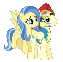 Size: 742x725 | Tagged: safe, derpibooru import, edit, vector edit, sunshower, pegasus, pony, blushing, clothes, duo, duo male and female, female, image, male, mare, png, shipping, showerburst, simple background, spread wings, stallion, starburst (g4), straight, transparent background, uniform, vector, wings, wonderbolts uniform