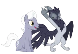 Size: 796x551 | Tagged: safe, derpibooru import, edit, vector edit, giselle, irma, royal riff, earth pony, gryphon, pony, duo, duo male and female, female, image, interspecies, male, open mouth, open smile, png, ship:riffelle, shipping, smiling, stallion, straight, stretching, vector