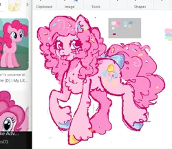 Size: 535x464 | Tagged: safe, artist:junniepiepoopop, derpibooru import, pinkie pie, earth pony, pony, g4, :3, alternate design, art program in frame, belly fluff, blue bow, blue eyes, blue eyeshadow, blush scribble, blushing, bow, chest fluff, colored ear fluff, colored hooves, curly mane, curly tail, ear fluff, eyelashes, eyeshadow, female, fetlock tuft, fluffy, hair accessory, hooves, image, leg fluff, long mane, long tail, looking back, makeup, mane accessory, mare, mismatched hooves, multicolored hooves, pink coat, pink mane, pink tail, pixel-crisp art, png, pubic fluff, raised hoof, raised leg, reference used, shiny hooves, smiling, solo, sprinkles in mane, sprinkles in tail, standing on two hooves, tail, tail accessory, tail bow, thin legs, tied tail, tongue out, unshorn fetlocks