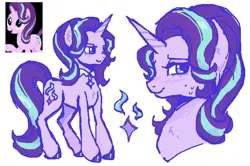 Size: 687x456 | Tagged: safe, artist:junniepiepoopop, derpibooru import, starlight glimmer, pony, unicorn, g4, blue eyes, blush scribble, blushing, bust, chest fluff, collar, colored hooves, ear fluff, eyelashes, female, hooves, horn, image, lidded eyes, looking back, mare, pink coat, png, purple hooves, reference used, shiny hooves, simple background, slender, smiling, solo, standing, sweat, sweatdrop, tail, thin, thin legs, two toned mane, two toned tail, unicorn horn, wavy mane, wavy tail, white background