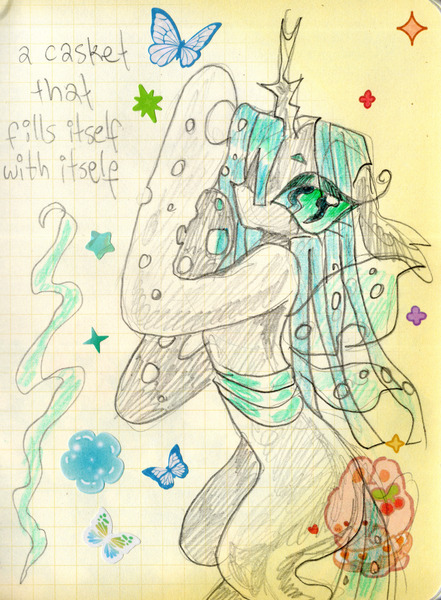 Size: 1917x2610 | Tagged: safe, artist:larvaecandy, derpibooru import, queen chrysalis, butterfly, changeling, changeling queen, insect, g4, abstract background, bangs, big eyes, black dresses, changeling horn, changeling wings, colored eyebrows, colored sclera, eye clipping through hair, eyeshadow, female, graph paper, gray body, green eyes, green eyeshadow, green sclera, horn, image, jpeg, lidded eyes, long eyelashes, long horn, long legs, long mane, makeup, mixed media, multiple pupils, no mouth, profile, raised hoof, raised hooves, shiny mane, slit pupils, small wings, solo, song reference, spread wings, sticker, teal mane, text, thin, traditional art, wingding eyes, wings