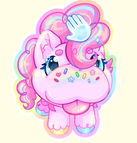 Size: 1963x2048 | Tagged: safe, artist:ibbledribble, derpibooru import, pinkie pie, earth pony, pony, g4, :3, :p, alternate design, alternate mane color, beanbrows, blue eyes, colored eyebrows, colored hooves, curly mane, cursor, cute, diapinkes, eyebrows, eyebrows visible through hair, eyelashes, female, food, food on face, foreshortening, hooves, image, jpeg, lighter coat, looking at you, mare, mismatched hooves, multicolored hooves, petting, pink coat, rainbow, shiny eyes, simple background, solo, sparkly eyelashes, sparkly mane, sprinkles, sticker design, striped mane, three toned mane, tongue out, wingding eyes, yellow background