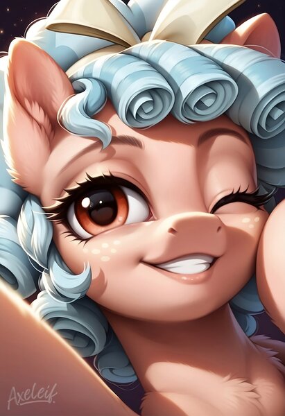 Size: 2600x3800 | Tagged: safe, ai content, derpibooru import, machine learning generated, prompter:axeleif, cozy glow, pegasus, pony, g4, cozy glow is best facemaker, cute, female, filly, foal, image, jpeg, looking at you, one eye closed, selfie, smiling, smiling at you, solo, solo female, wink, winking at you