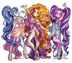 Size: 2048x1786 | Tagged: safe, artist:libbly_libby, derpibooru import, adagio dazzle, aria blaze, sonata dusk, human, equestria girls, g4, clothes, commission, female, greek clothes, greek goddess, image, jpeg, open mouth, open smile, raised arm, sidemouth, simple background, smiling, the dazzlings, trio, trio female, white background