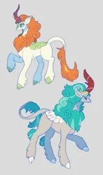 Size: 1272x2149 | Tagged: safe, artist:sugata1616, derpibooru import, autumn blaze, rain shine, kirin, g4, alternate design, cloven hooves, curved horn, duo, female, fetlock tuft, gray background, horn, image, jpeg, leonine tail, quadrupedal, simple background, tail, unshorn fetlocks